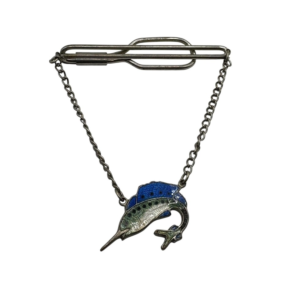 Vintage Tie Bar Clip Enamel Swordfish Silver Tone Dangle Chain Nautical Fish